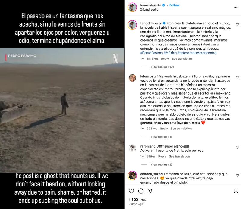 Publicación de Tenoch Huerta en Instagram