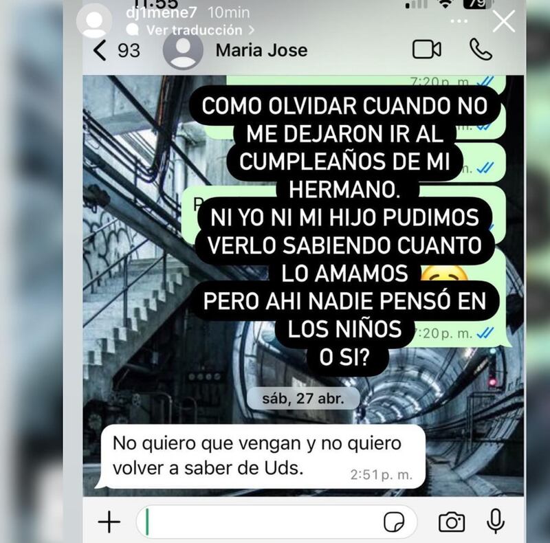 En un comidillo igual o más impactante que la teleserie Valdivia-Orsini y Kaminski -Andrade. Esto, porque el drama al interior de la familia de Luis Jiménez y María José López está que arde luego de las publicaciones que realizó en Instagram el hijo mayor del exfutbolista. 
Se trata de Diego Jiménez quien las emprendió contra la esposa de su padre, la influencer Coté López, acusándola de separarlo de la familia y querer distanciarlo de su papá. 
En publicaciones que realizó en la red social, compartió dos conversaciones vía Whatsapp,  una con Luis y otra con la aludida. En ambas, queda de manifiesto que él es persona non grata. 
“Cómo olvidar cuando no me dejaron ir al cumpleaños de mi hermano. Ni yo ni mi hijo pudimos verlo sabiendo cuánto lo amamos. Pero ahí nadie pensó en los niños ¿o sí?”, comentó sobre la captura de una conversación con la empresaria, quien le había escrito que “no quiero que vengan y no quiero volver a saber de ustedes”.