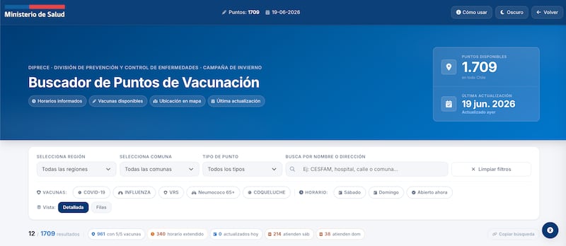 Buscador Puntos de Vacunación | Captura: diprece.minsal.cl/