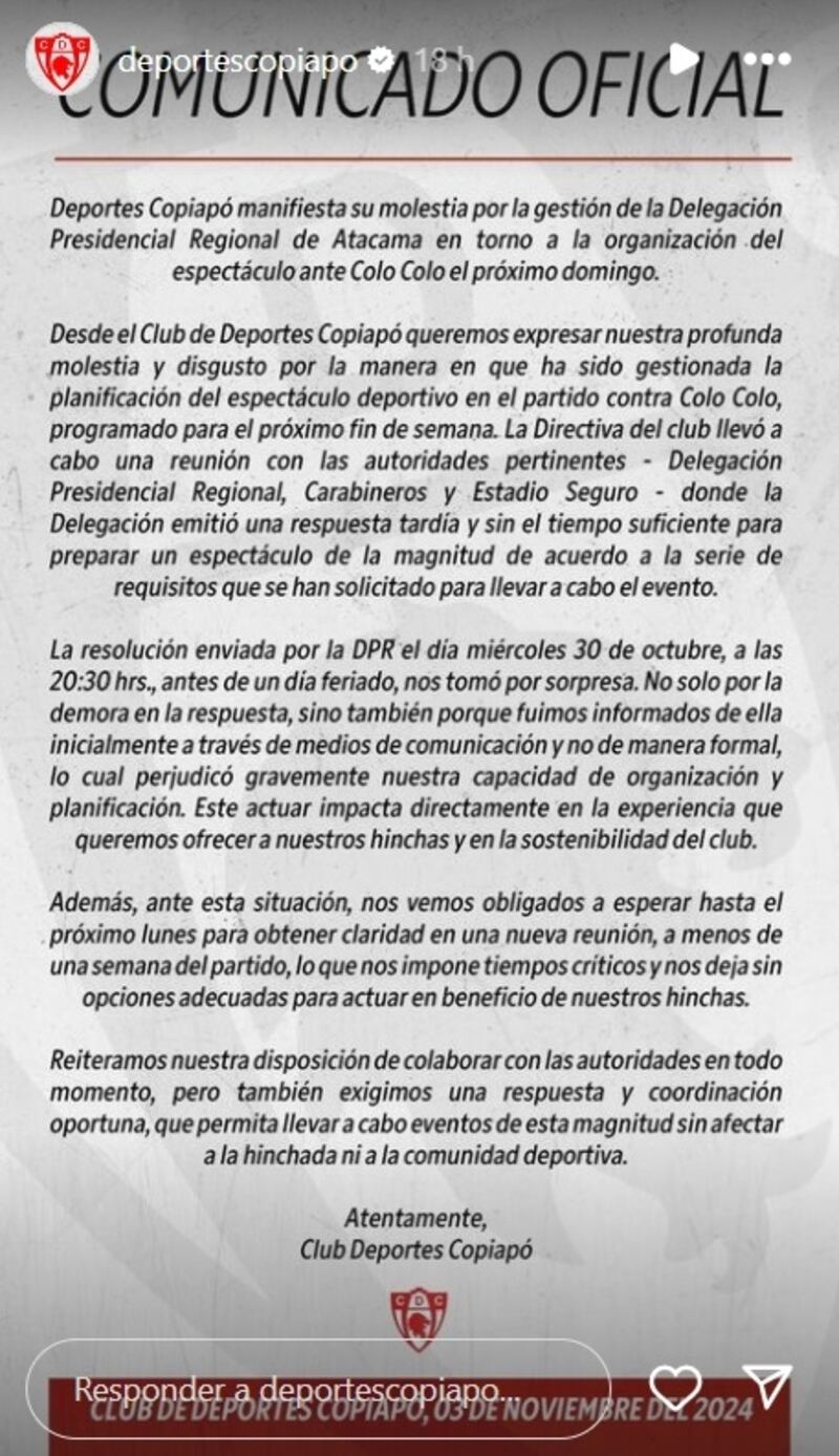 El descendido club nortino reclamó ante los problemas que la autoridad regional les ha puesto para recibir en su estadio al club popular en la última fecha del torneo nacional.