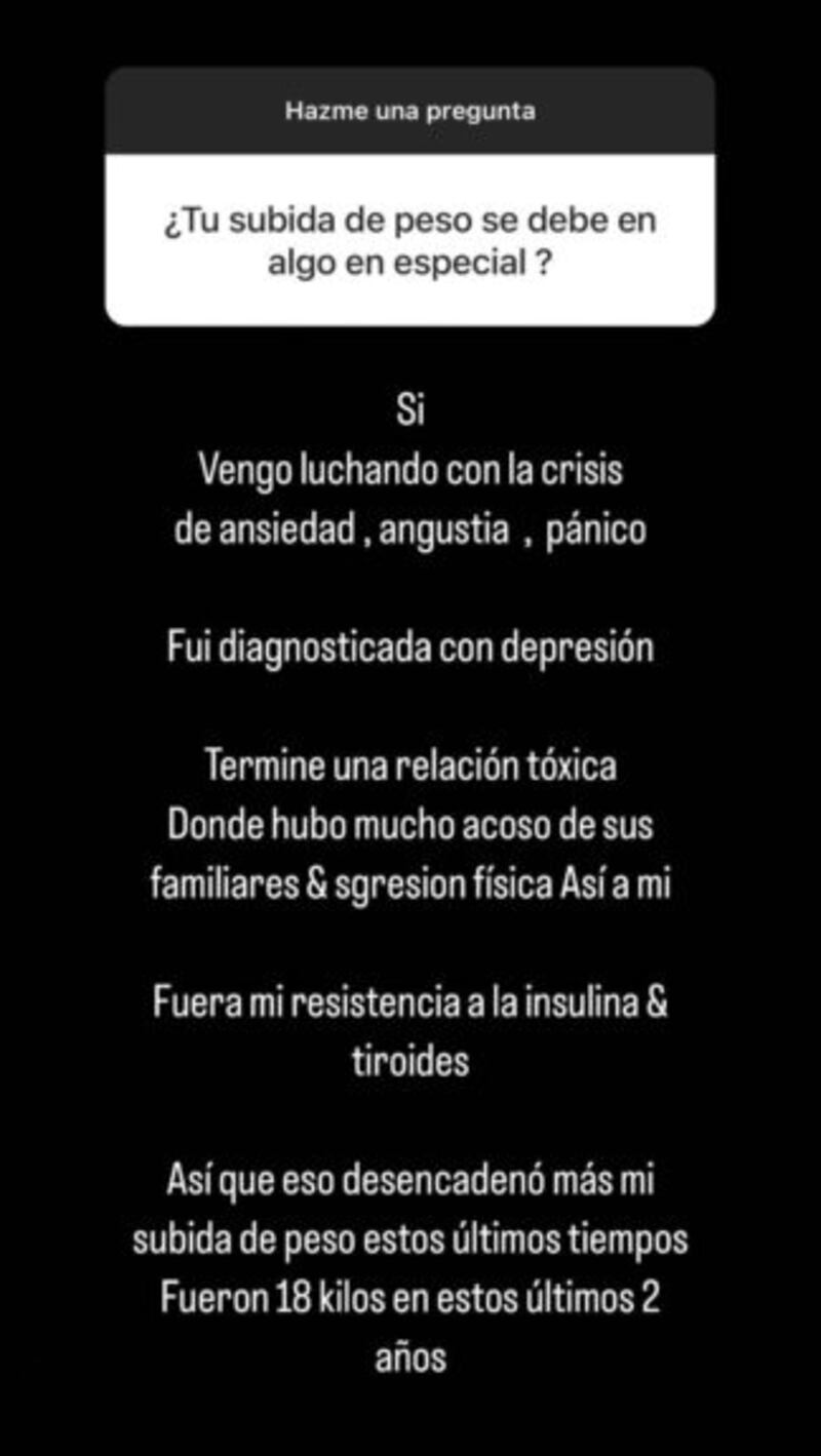 Este martes Michelle Carvalho le respondió a un cibernauta que le consultó por los motivos de su alza de peso.
“¿Tu subida de peso se debe a algo en especial?”, fue la directa consulta que la brasileña no evadió. Es más, detalló los motivos.