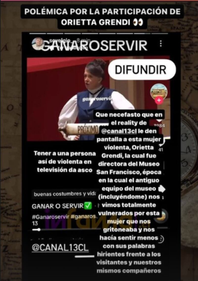 Orietta Grendi reapareció en el nuevo reality de Canal 13, “Ganar o Servir”, en el rol de “Amanda del Villar”, una experta en protocolo, modales y buenas costumbres.
Se trata del regreso de este llamativo personaje, ya que “Amanda del Villar” también participó en los realities de Canal 13, “Granjeras” (2005) y “1810″ (2009), y en los de Mega, “Pareja Perfecta” (2012) y “¿Volvería con tu Ex?” (2016).
Quién es Orietta Grendi
Orietta del Rosario Grendi Cornejo nació el 19 de marzo de 1967, en Santiago. Estudió Actuación en la Escuela de Teatro de la Pontificia Universidad Católica y, posteriormente, se especializó en Gestión del Patrimonio Cultural Inmaterial, en la Universidad Nacional de Córdoba.
Entre 1988 y 1997 trabajó en diversas teleseries, tales como “Bellas y audaces” (TVN), “Volver a Empezar” (TVN) “Champaña” (Canal13), “Top Secret” (Canal 13), Andrenalina” (Canal 13) y “Rosabella” (Mega).
Además, en 2005 debutó con su personaje de “Amanda del Villar” en “Granjeras”, alcanzando una gran aceptación por parte de la audiencia.
En cuanto a su trabajo en la gestión cultural, Orietta Grendi fue directora del Museo de Arte Colonial San Francisco, en 2019. También colaboró en la restauración de la Iglesia El Monte en Santiago; mientras que, desde el 2020, es colaboradora de Archivo Sonoro de Chiloé, entre otras labores.
Asimismo, se ha desempeñado como investigadora independiente en áreas como etnografía, fotografía, gestión documental, memoria fragmentada y patrimonio cultural, a lo que se suma que es autora y directora del programa Patrimonio Marginal.
Actualmente, Orietta Grandi vive con su familia en la Isla Grande Chiloé.