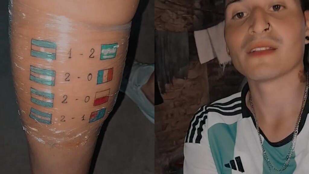 Hincha argentino se tatúa los resultados de su país en el Mundial de Catar 2022.