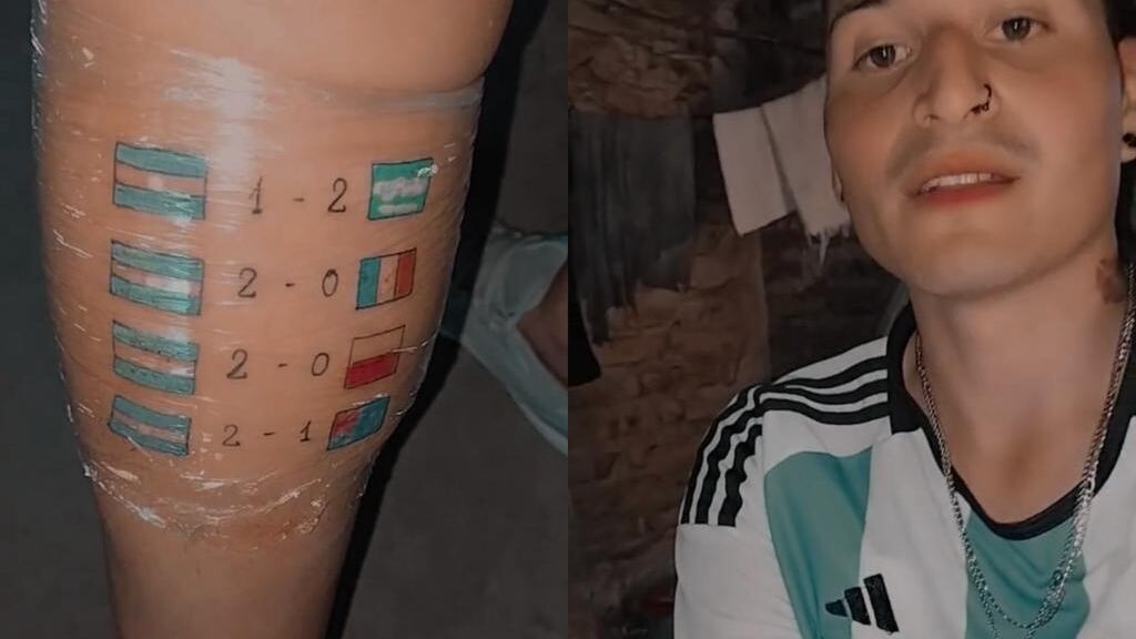 Hincha argentino se tatúa los resultados de su país en el Mundial de Catar 2022.