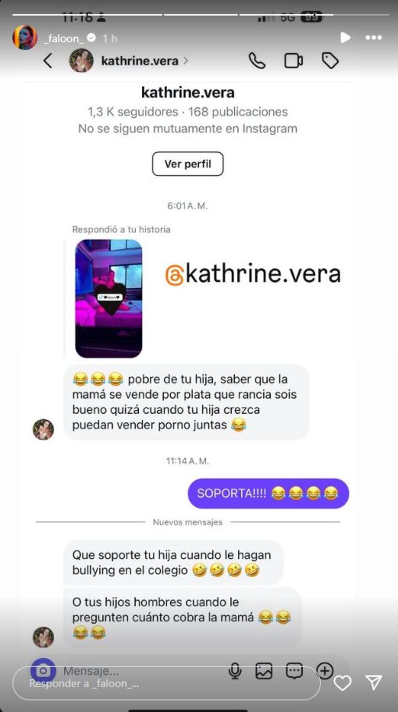 Faloon respondió a dura crítica de seguidora. Vía Instagram