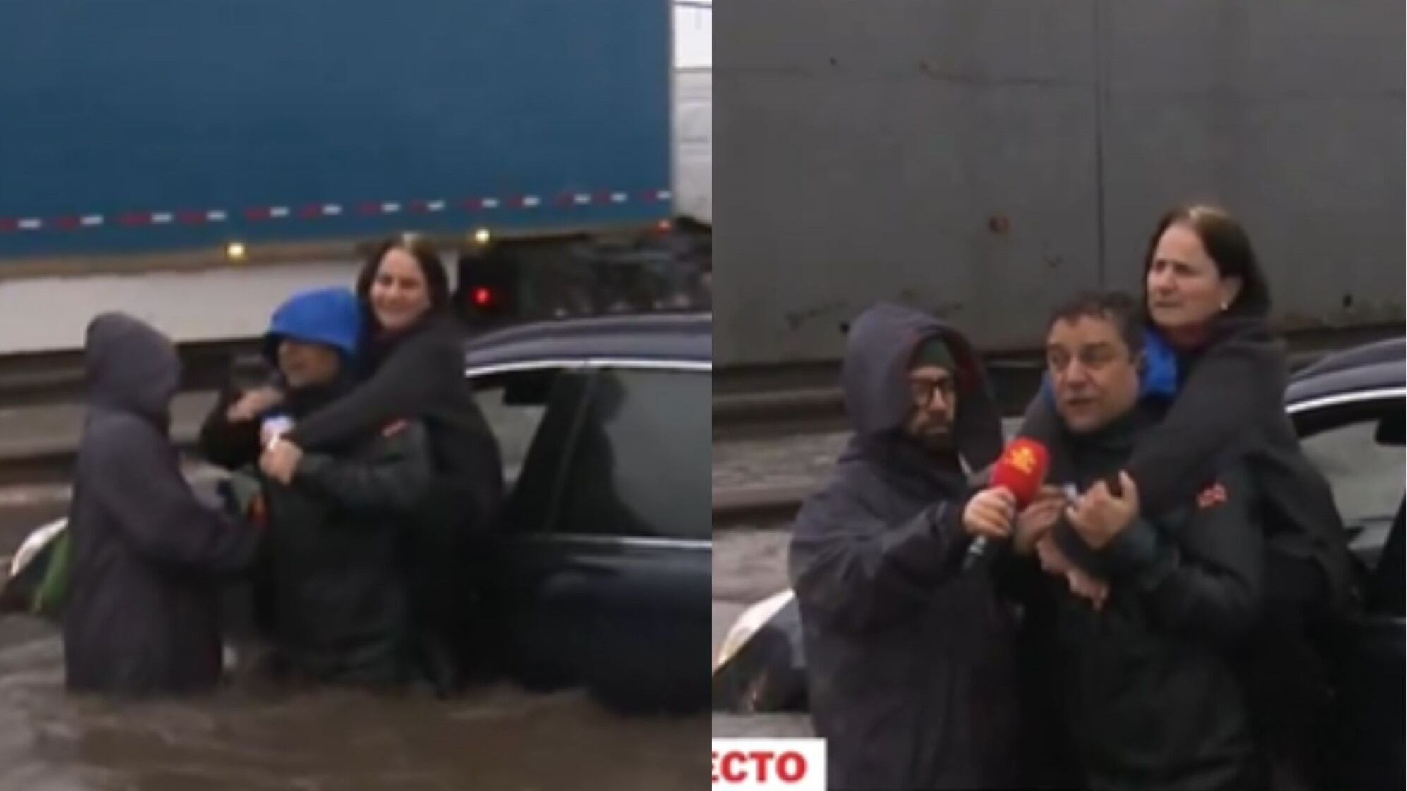 Equipo de TVN rescató a una mujer que quedó atrapada en su auto en La Cisterna