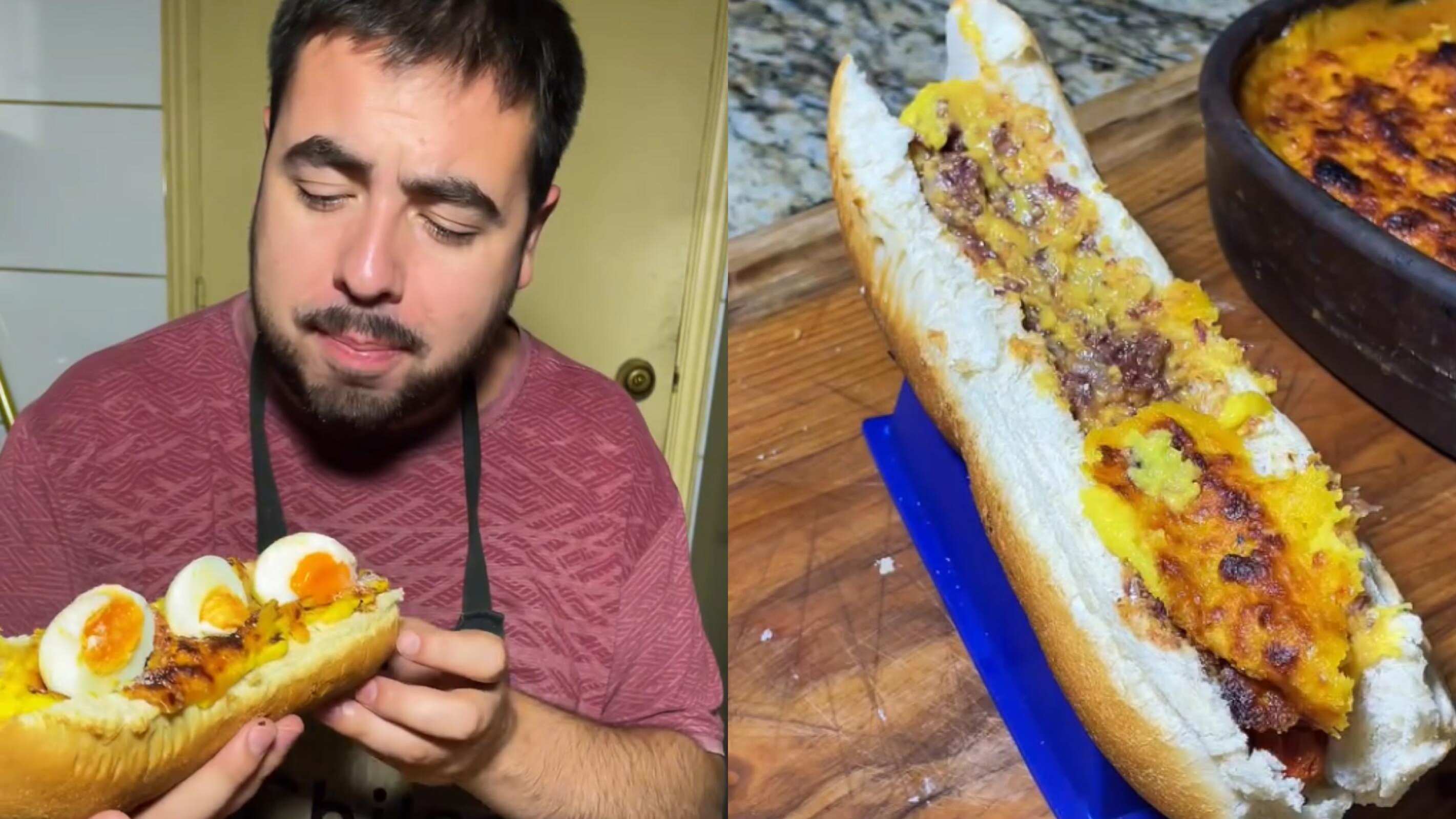 Lucas Barrera haciendo un completo con base de pastel de choclo en un pan marraqueta