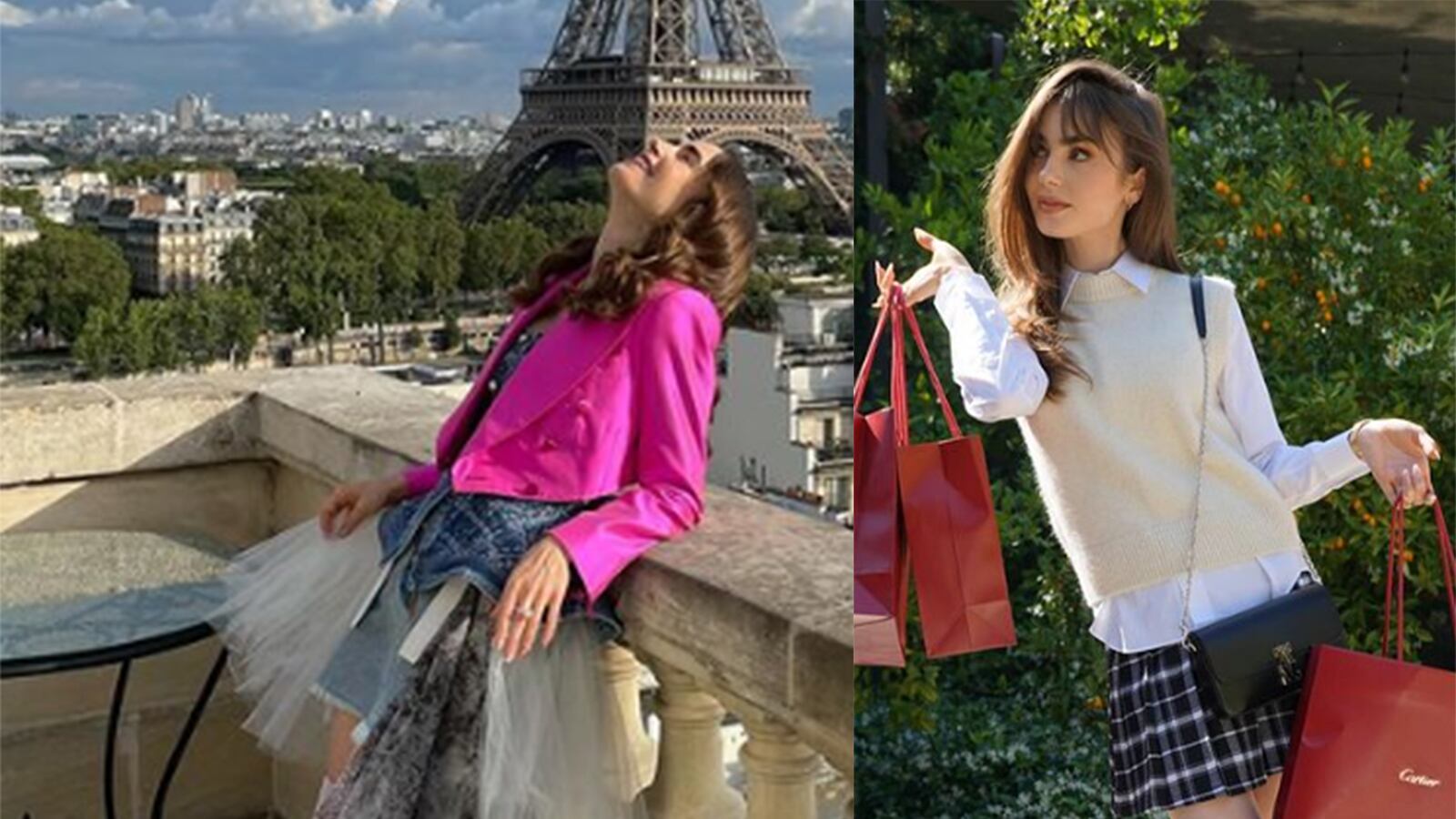 Protagonista de Emily en París posando en lo que sería el set de grabación.