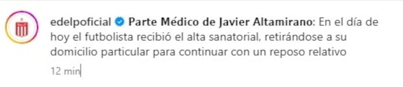 El club platense informó esta mañana del alta médica al delantero chileno, quien deberá seguir su recuperación en su hogar.