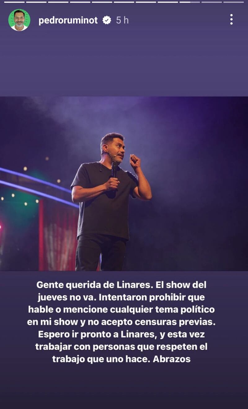 Pedro Ruminot acusó intento de censura y cancela show en Linares: “No puedes decir nada político”