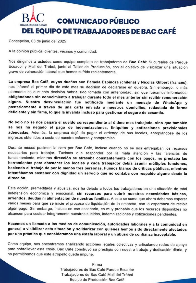 Comunicado de trabajadores BAC