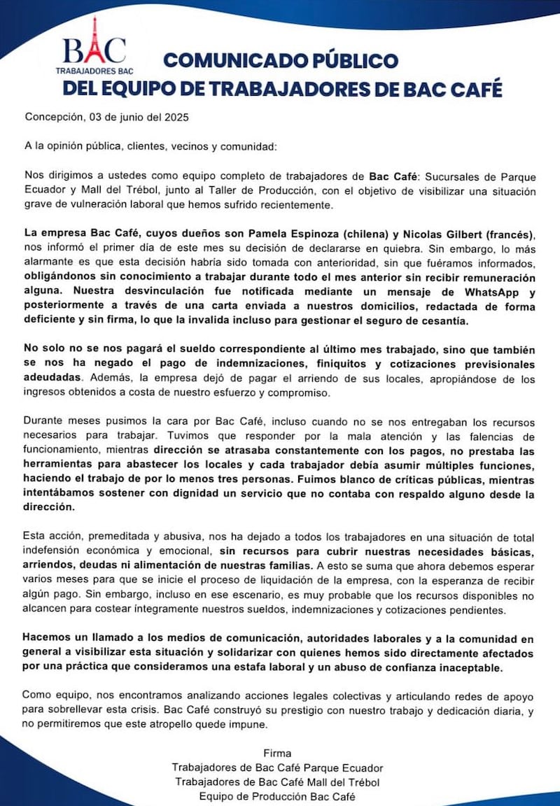 Comunicado de trabajadores BAC