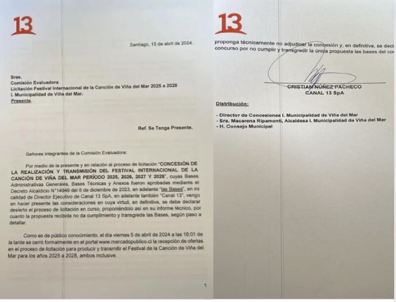 Semanas atrás, el mismo portal de la Región de Valparaíso dio a conocer que la oferta presentada por Mega tenía “letra chica” y habían cuatro puntos que no estaban acorde a las bases establecidas y, en caso de ser pasados por alto, podrían generar conflicto con los otros canales, quienes no se presentaron precisamente por esos ítems.
Estos eran que se indemnice por un término del contrato de manera anticipada, que se extienda el contrato de manera automática en caso de suspensión por motivos de fuerza mayor, determinar en qué gastar las 42 mil UF exigidas por arreglos en la Quinta Vergara y sublicenciar a terceras personas (partnet) la transmisión internacional.
Pero, ahora, Canal 13 agregó otros dos puntos que también incumplirían las bases, correspondientes al uso de la Quinta Vergara fuera del plazo establecido en “un mínimo de tres veces durante cada año”, e incluir dentro de la oferta económica, el impuesto al Valor Agregado”, lo que en la base se considera aparte.
Por todos estos motivos, Cristián Núñez exigió a la alcaldesa Macarena Ripamonti y al Director de Conseciones y al H Consejo Municipal que “proponga técnicamente no adjudicar la concesión, y en definitiva, se declare desierto el concurso por no cumplir y transgredir la única propuesta (según) las bases del concurso”.