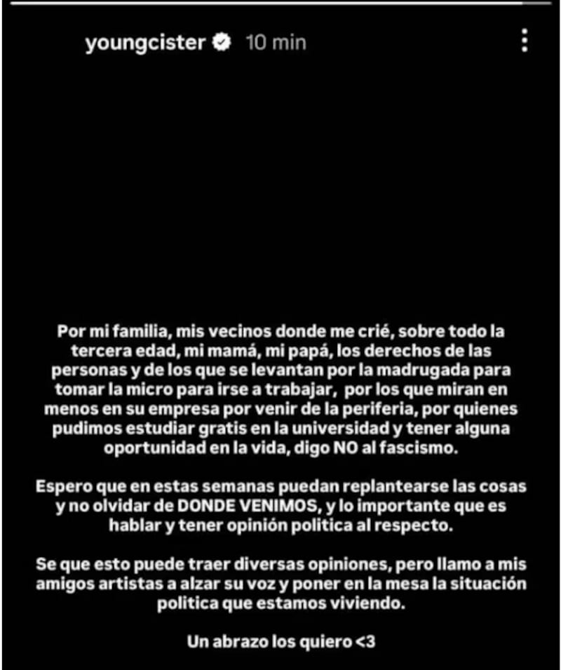Young Cister eliminó su opinión sobre las elecciones en Chile tras recibir una ola de odio.