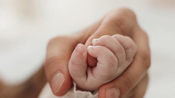 Imagen de bebé con manos de su padre.