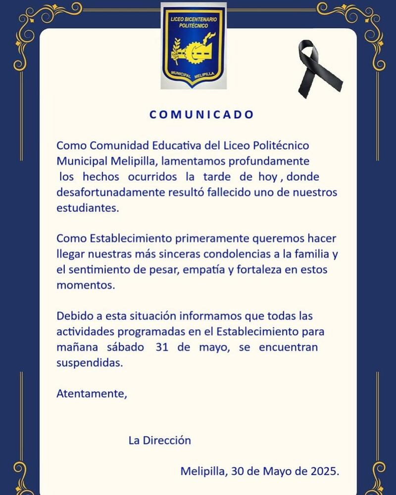 Comunicado Liceo Bicentenario Politécnico Melipilla | Fuente: Facebook