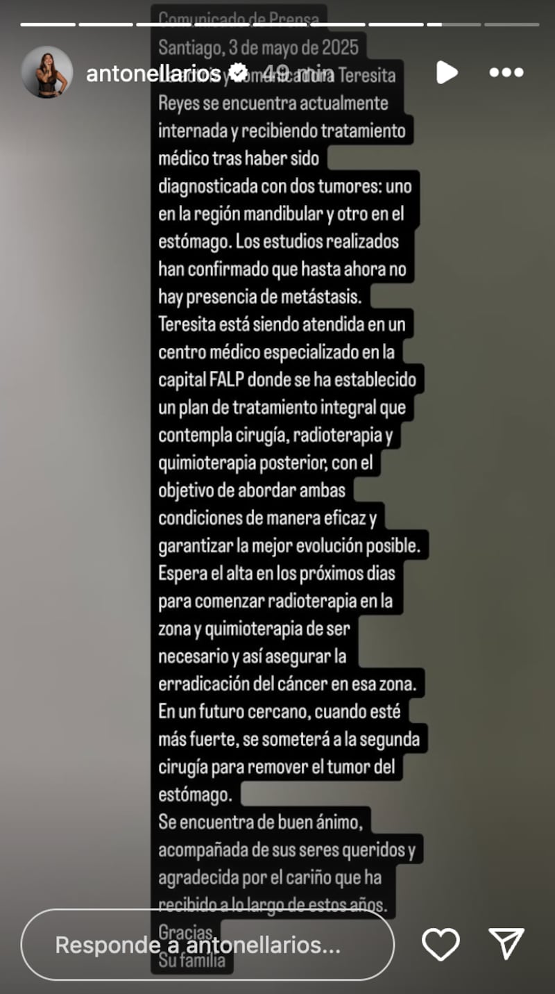 Comunicado de prensa sobre estado de salud de Teresita Reyes | Fuente: Instagram @antonellarios