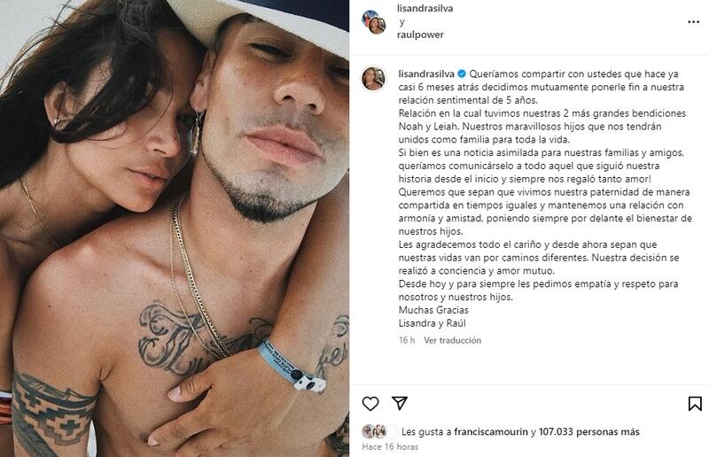 Peralta confirmó en sus redes sociales la publicación que hizo Lisandra Silva, respecto de la separación de la pareja hace poco menos de seis meses.