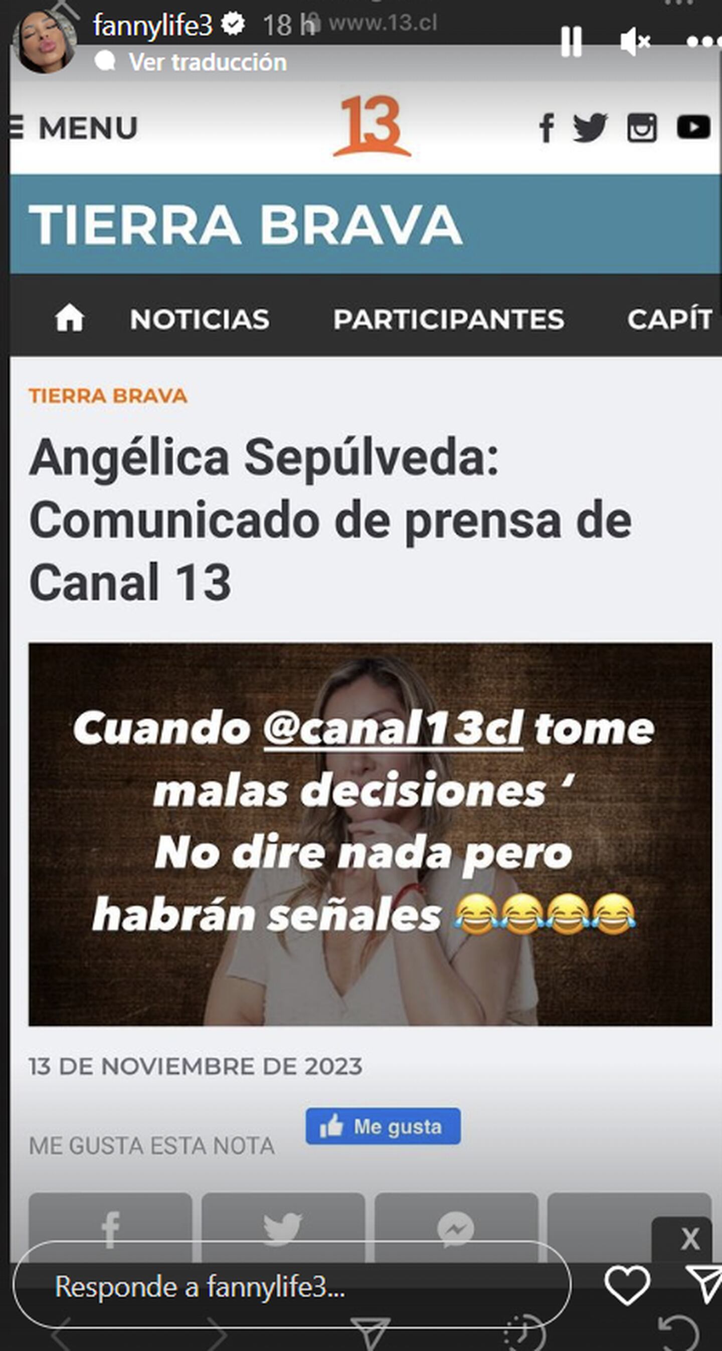 Historia de Fanny Cuevas sobre Angélica Sepúlvedad | Instagram